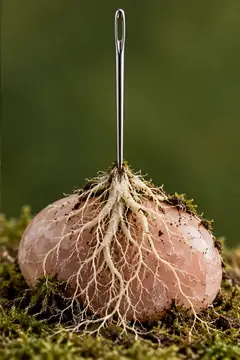 A silver sewing needle stands upright on a pale pink stone, pale roots spreading from it over the rock and into the moss. It has stopped waiting for thread.