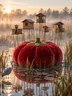 A red tomato pincushion sits in a misty marsh with little wooden houses standing on its pins, and a heron wading below.