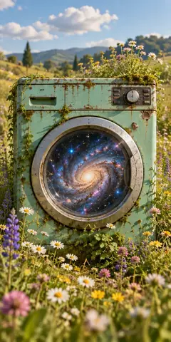 A mint-green washing machine sits in a wildflower meadow, a whole spiral galaxy turning slowly behind its door.