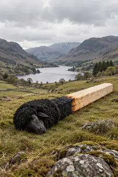 A black sheep curls up asleep in a highland valley, its body the head of a giant wooden match.
