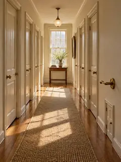 A long, sunlit hallway of white doors, with one tiny door set low in the wall at the end of the skirting. Nobody has the key, which is suspicious.
