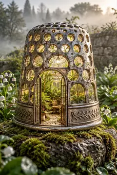 A silver thimble becomes a glass greenhouse on a mossy rock, lit warm from inside among the lilies of the valley.