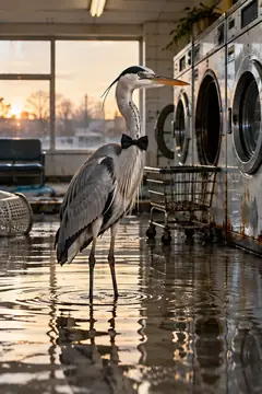 A grey heron in a bow tie wades through a flooded laundromat at sunset, the washing machines lined up beside it. It is waiting for a delicate cycle.