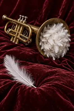 A brass trumpet lies on crimson velvet with its bell stuffed full of white feathers, one more feather resting beside it. Whatever it was going to say, it's keeping it soft.