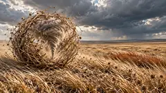 A tumbleweed rolls across a dry prairie with a small spinning tornado caught inside it, a real storm on the horizon. It will be let go somewhere far away.