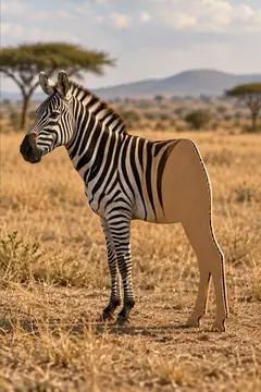 A zebra stands in dry savanna grass, real at the front and flat brown cardboard from the middle back. Budget ran out at the stripes.