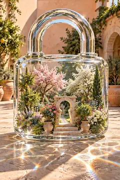 A clear glass padlock on a sunny terrace holds a garden in bloom, with blossom trees and a little stone gateway.