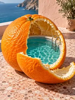 A swimming pool in half an orange, ladder and all, on a terrace above the sea. Peel before swimming.