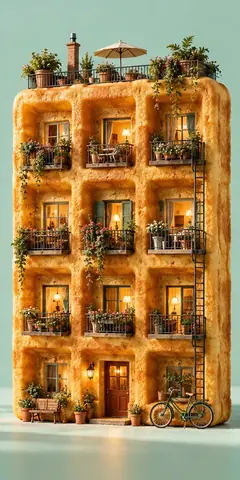 An apartment block built from a stacked waffle, with balconies, plants, a rooftop terrace and a bicycle by the door.