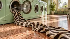 A long length of zebra hide spills out of a mint-green washing machine across a terrazzo laundrette floor. The stripes held their colour.