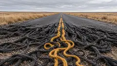 A straight road across dry grassland comes apart in the foreground into loose black yarn, its yellow centre lines unravelling into mustard wool. Knit one, drive two.