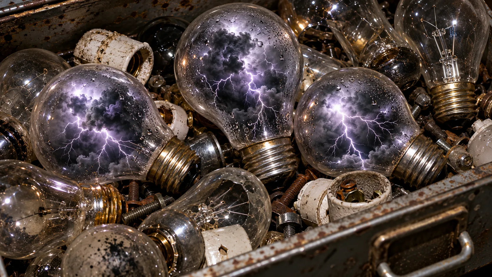 A drawer of old light bulbs, three of them holding tiny purple thunderstorms. They are not technically working.