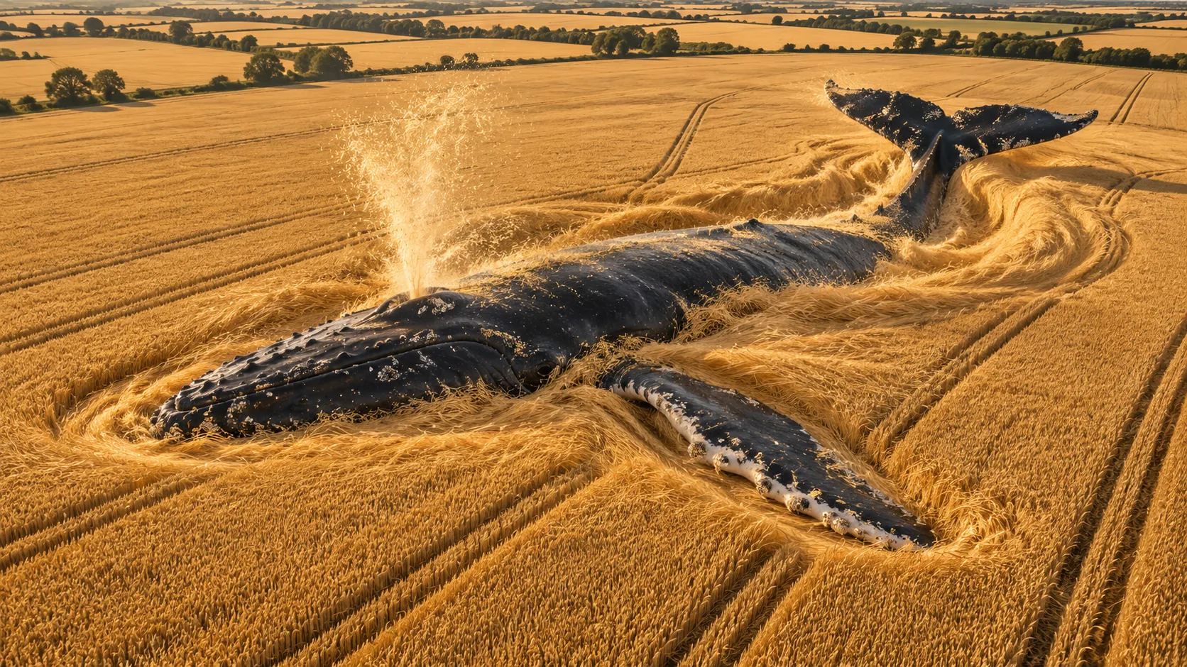 From above, a humpback whale swims through a ripe wheat field, leaving a wake of swirled stalks and blowing a spout of chaff. The farmer has questions.