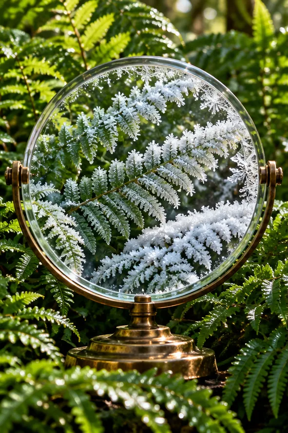 A round brass-framed mirror stands among green ferns, and the fern it reflects is covered in white frost.
