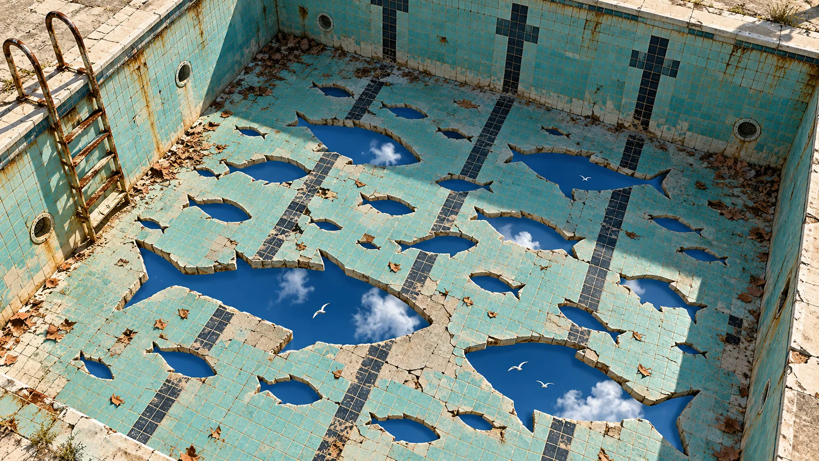 An empty, cracked swimming pool has fish-shaped holes broken through its tiled floor, and through them is open blue sky with clouds and gulls. Diving is strongly discouraged.