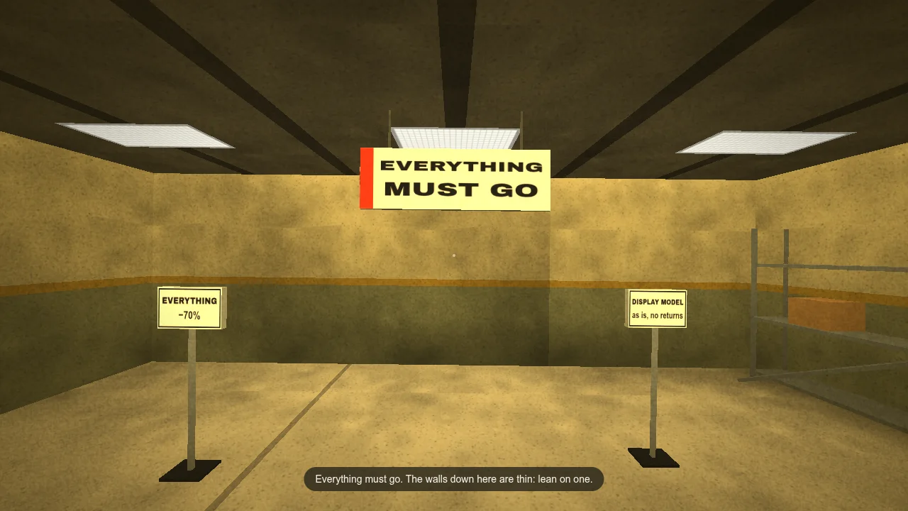 The store basement where Backrooms starts, with CLEARANCE signs