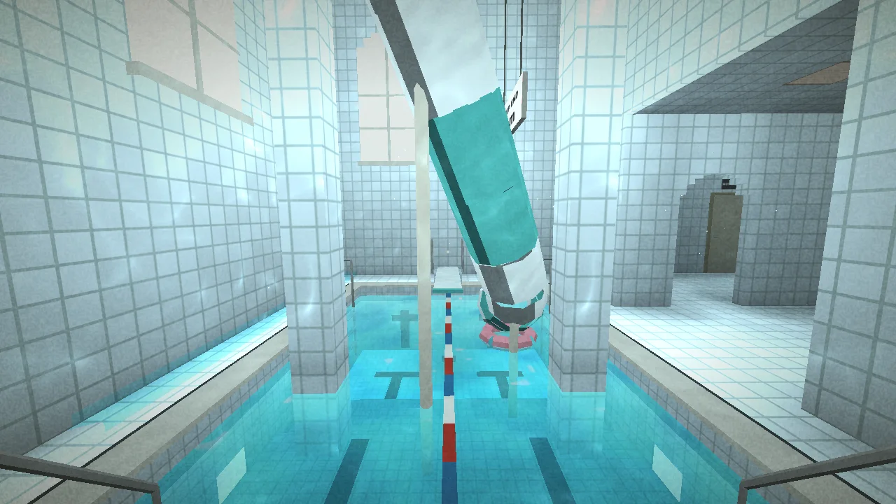 A tiled natatorium in the Backrooms poolrooms, with a slide over the water