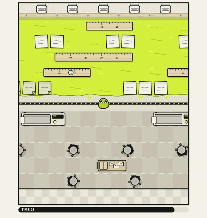 Road Crossing mid-game, from above: things rolling across the open plan’s chequered floor, the glob at the edge of an acid spill with rulers and sticky notes floating on it, and a shelf of jars at the top