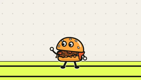 Sloppy Joe, a squashed orange bun sitting askew with half-lidded eyes over loose brown meat, orange-red sauce slopping down one side, on stubby ink legs, sitting on a window’s acid title bar and waving