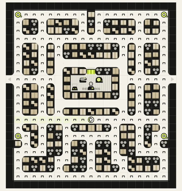 The long aisles, one of the stockrooms in Maze Chase, from above as the game draws it at the start of a level: ink shelving stacked with boxes and tins, staples on the floor and the returns bay in the middle
