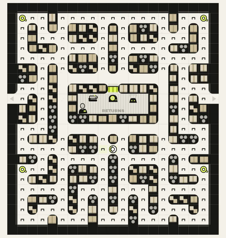 The cold room, one of the stockrooms in Maze Chase, from above as the game draws it at the start of a level: ink shelving stacked with boxes and tins, staples on the floor and the returns bay in the middle