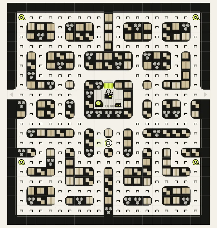 Goods in, one of the stockrooms in Maze Chase, from above as the game draws it at the start of a level: ink shelving stacked with boxes and tins, staples on the floor and the returns bay in the middle