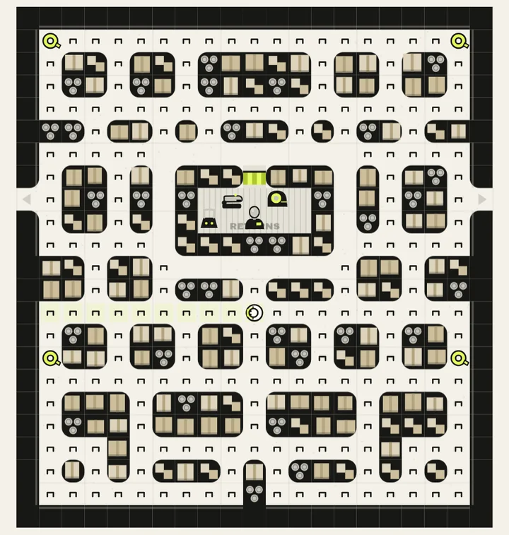 Pallet racking, one of the stockrooms in Maze Chase, from above as the game draws it at the start of a level: ink shelving stacked with boxes and tins, staples on the floor and the returns bay in the middle