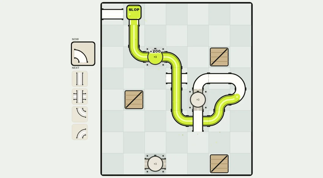 Kettle, a level of Pipe Down in the Kitchenette room, part built and part full of slop, with the queue of pieces on the left