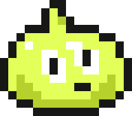 Slopio, an acid-green glob of slop with a curl on top and two eyes