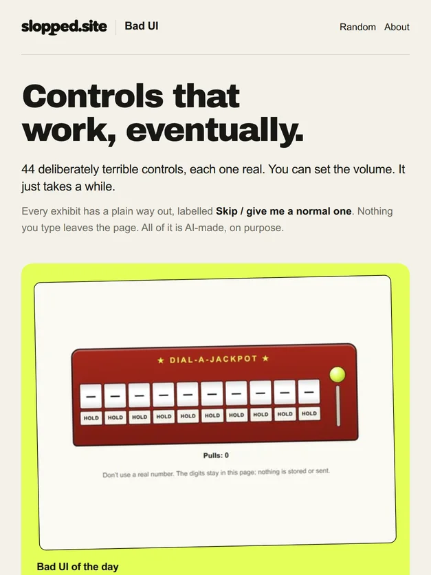 The Bad UI cover on slopped.site, a real capture of the site
